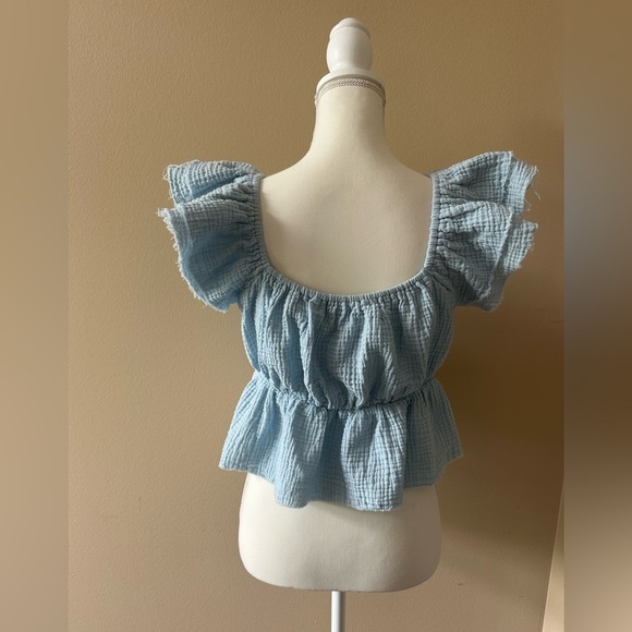 Bucket List Girls Light Blue Ruffle Sleeve Cotton Peplum Top Size Large - Picture 5 of 7